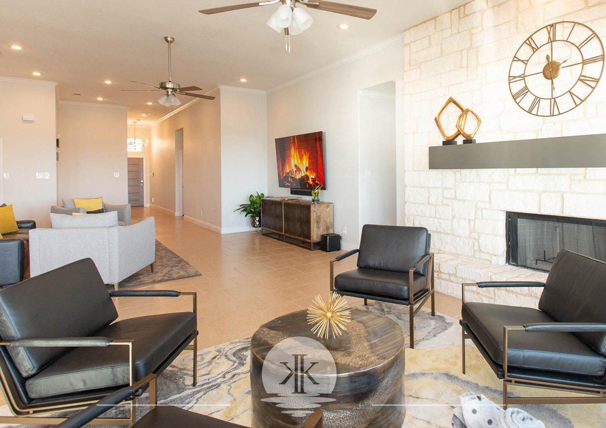 A view of comfortable furniture in the family room and living room.